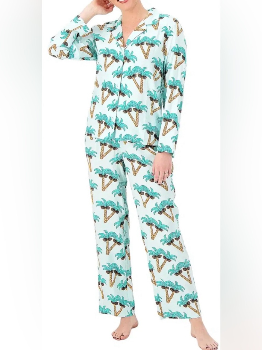 Bouffants & Broken Hearts Notch Collar Palm Tree Printed Pajama Set Blue XL